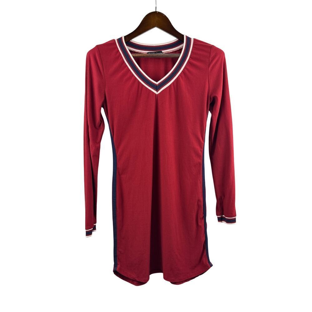 Women’s Derek Heart Large Burgundy Bodycon Dress w/ Navy & White Striped Detail
